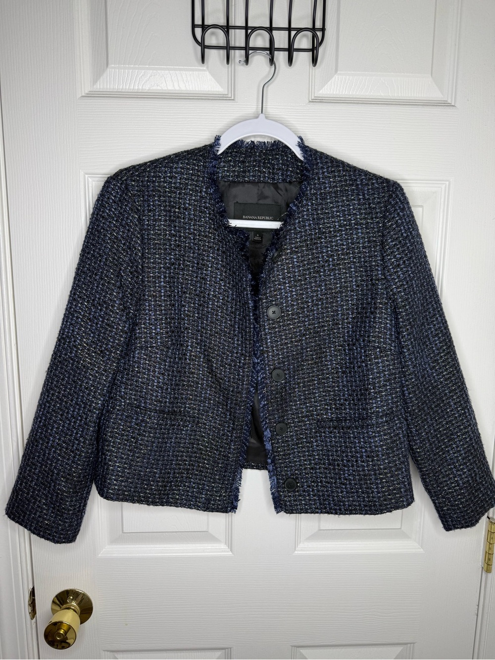 Banana Republic Navy Tweed Jacket Blazer Size 6 Metallic Fringe